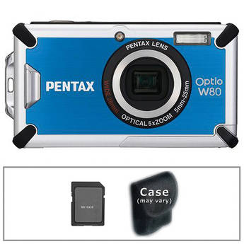 Pentax Optio W80 Waterproof Digital Camera (Azure Blue) With Accessory Kit
