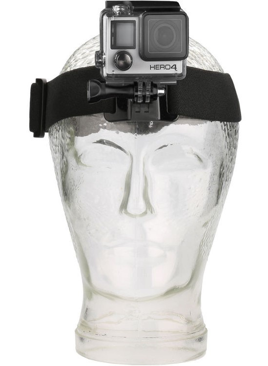 A silver mannequin head wearing the Revo action camera head mount with a GoPro camera attached to it