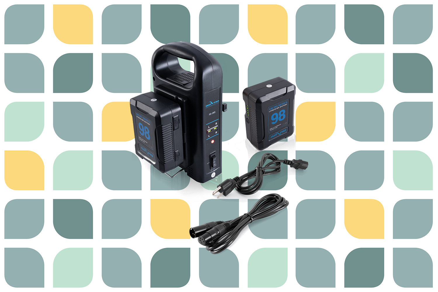 IndiPRO Tools 2 x Micro-Series 98Wh Li-Ion V-Mount Batteries with Dual V-Mount Battery Charger Kit IndiPRO Tools 2 x Micro-Series 98Wh Li-Ion V-Mount Batteries with Dual V-Mount Battery Charger Kit