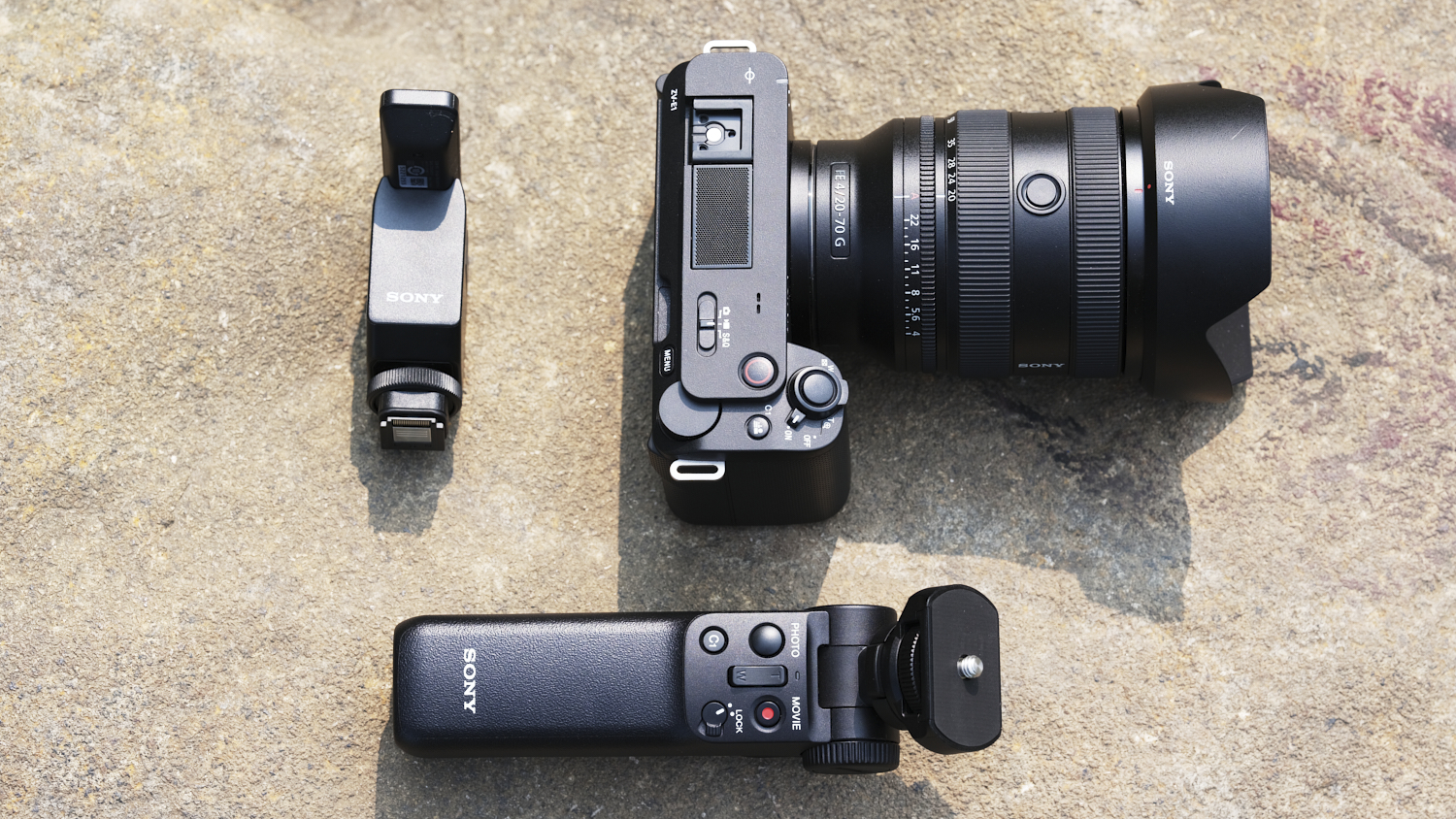 ZV-E1 mirrorless camera, FE 20-70mm f/4 lens, ECM-B10 shotgun microphone, and GP-VP2TBT wireless shooting grip