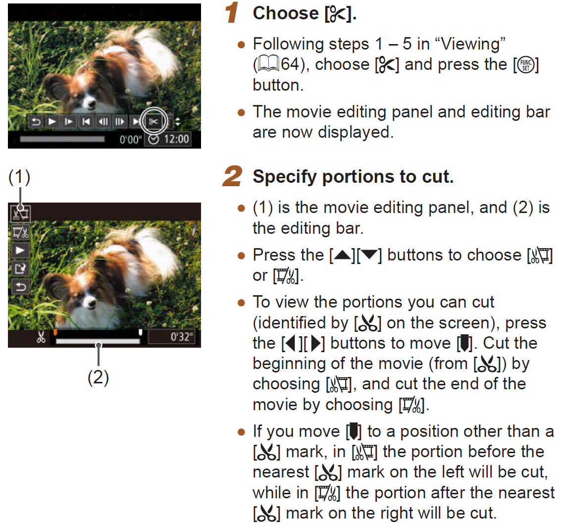 Instructions for trimming/editing video in-camera using a Canon point-and-shoot.