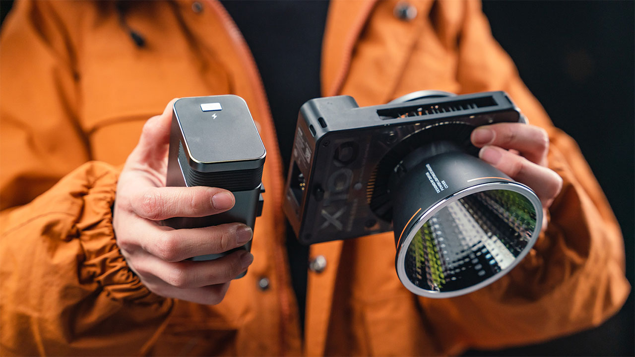 Both lights have multiple power options, including USB-C for working off AC or portable power packs. The X100, pictured here, even has a dedicated battery option.