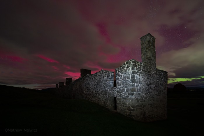 The auroral display had calmed down, but there was still quite the light show occurring in the sky. I quickly grazed the scene with my headlamp to just show a bit the old fort structure.