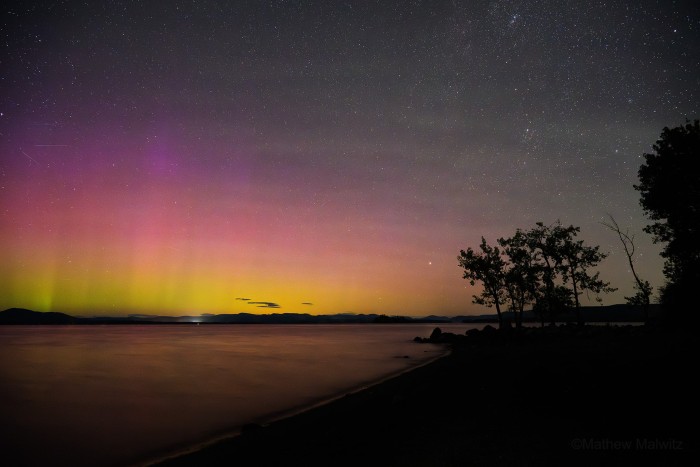 One of the first auroras I was fortunate enough to witness was photographed at f/4. The fainter look is due to a weaker overall display paired with wildfire smoke.