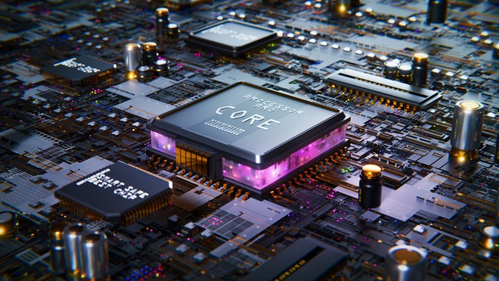 A close-up of a computer processor on a motherboard.