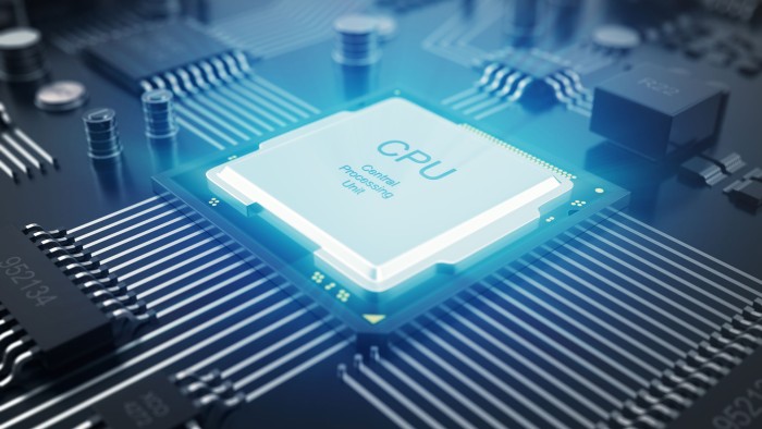 A CPU chip on a computer motherboard.