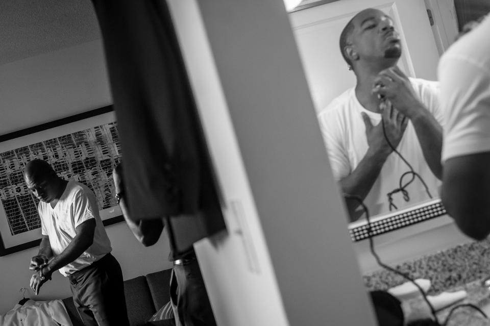 Usually photos of the guys getting ready show a lot of toasts, practical jokes, and antics,” says Clapp. “But often the quiet moments are the most telling. In this image, a groom and his best man prepare for the big day.”