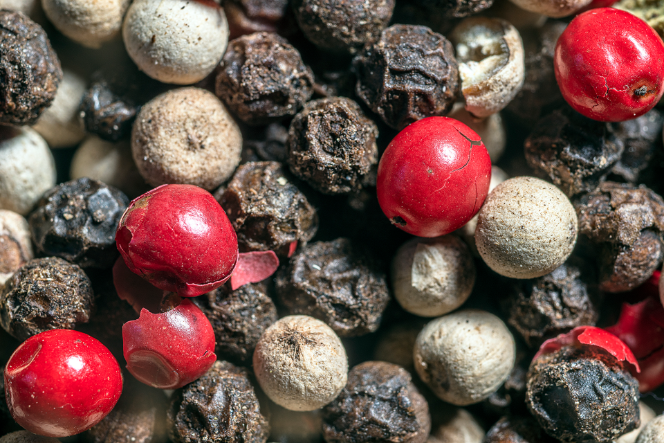 Assorted peppercorns magnified greater than life size resemble shards of ancient pottery at a remote archeological dig.