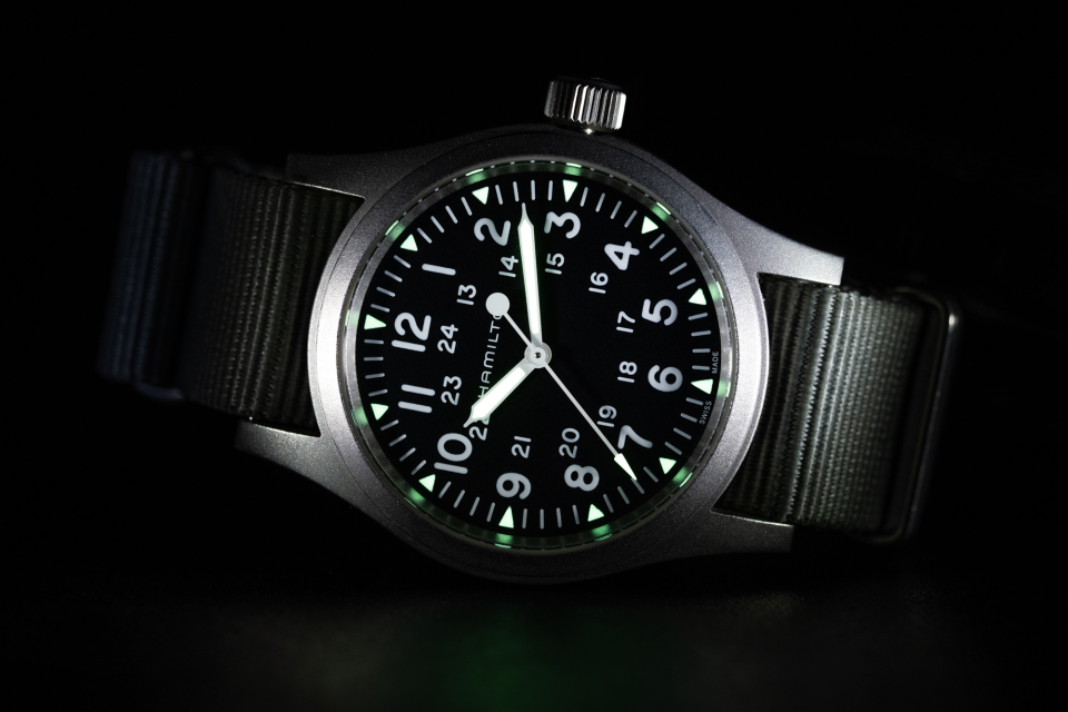 The Hamilton Khaki Field Mechanical H69439931with BluShark NATO Strap showing some “lume.”