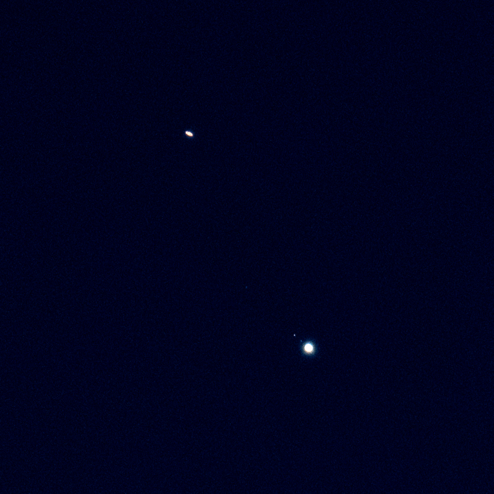 Jupiter and Saturn get close in December 2020. Image taken through a Leica APO-Televid 77 spotting scope at 30x magnification.