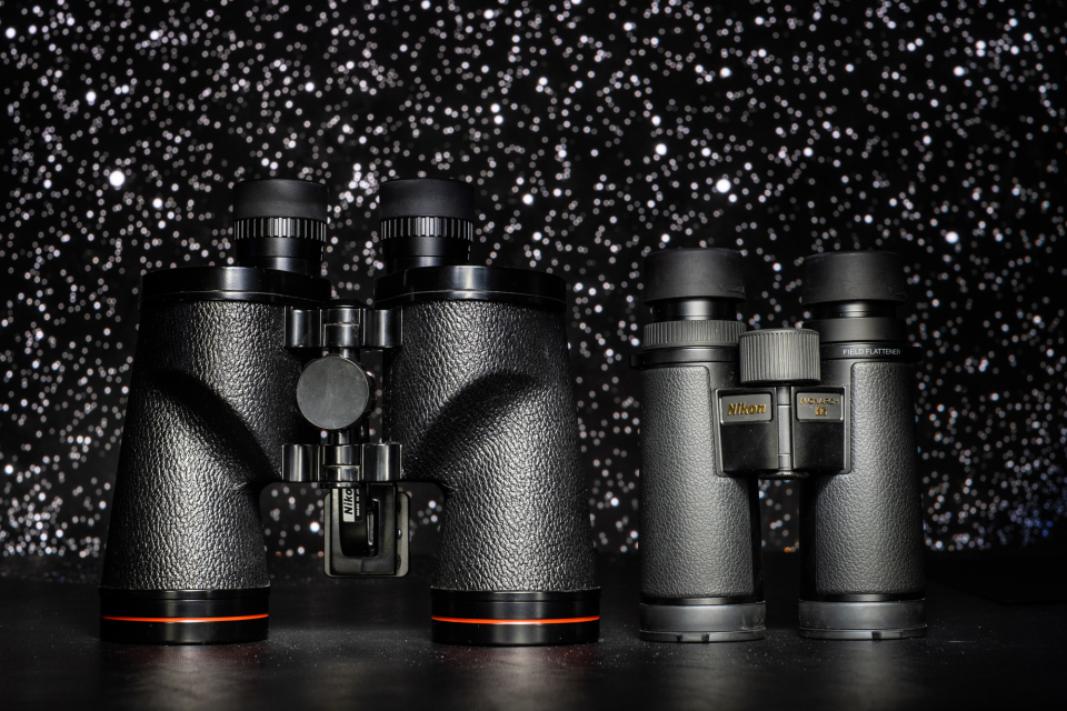 The Porro prism 7x50 binoculars next to a roof prism 8x42 binocular. The Porro prism 7x50 binoculars next to a roof prism 8x42 binocular.