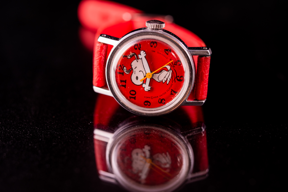 This was my first ever wristwatch. I lost it on the playground of my elementary school, and, thanks to an online auction site, I will be giving this one to my son as his first watch when he gets older. It is photographed here on a glass plate.