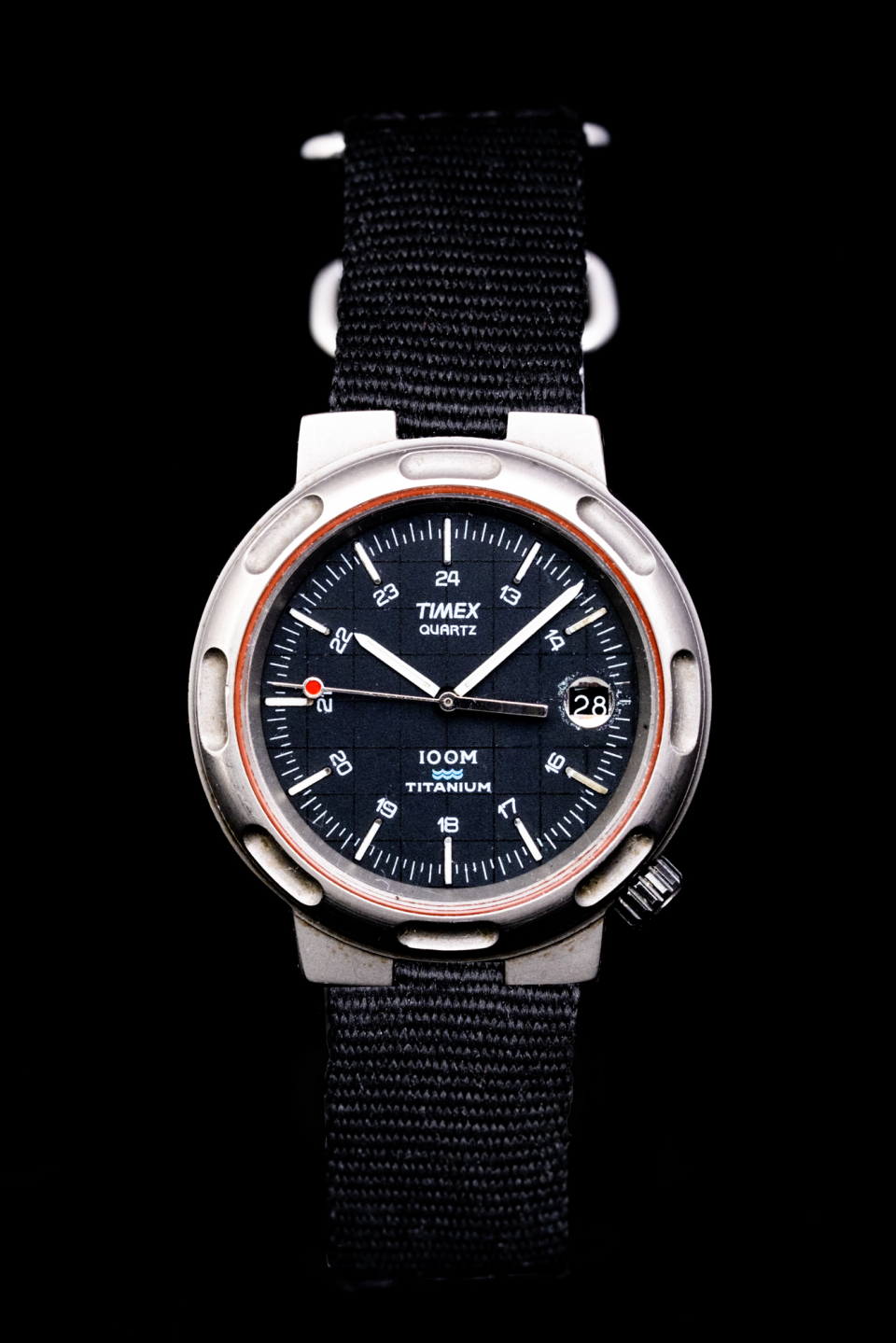 This is the “sportier” version of the Timex Titanium Sport watch shown above. This watch was advertised in aviation magazines with backdrops containing military fighter jets—effective advertising for me as a young wannabe pilot who made this one of my early grail watches.