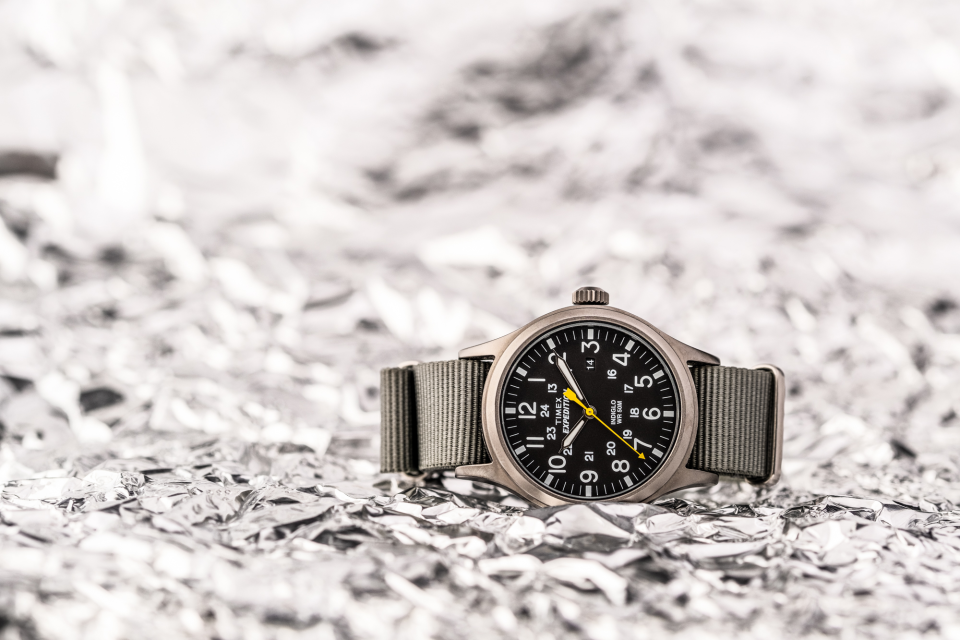 Aluminum foil is the setting for this Timex Expedition Scout 40mm Nylon watch with BluShark NATO Strap set to the classic official Timex time.