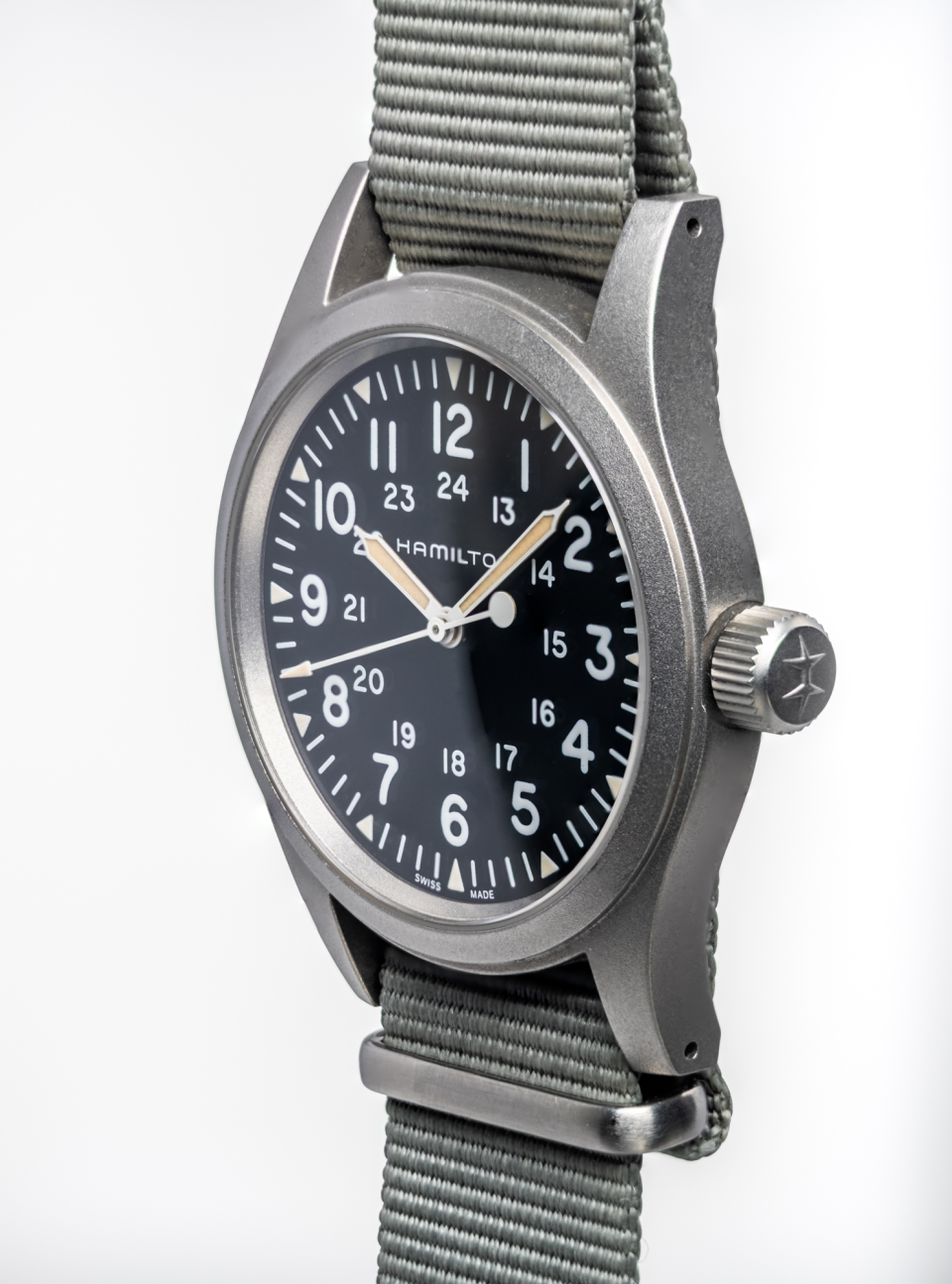 Focus stacking was used here to show sharpness all the way across the watch face and case. Hamilton Khaki Field Mechanical H69439931with BluShark NATO Strap.
