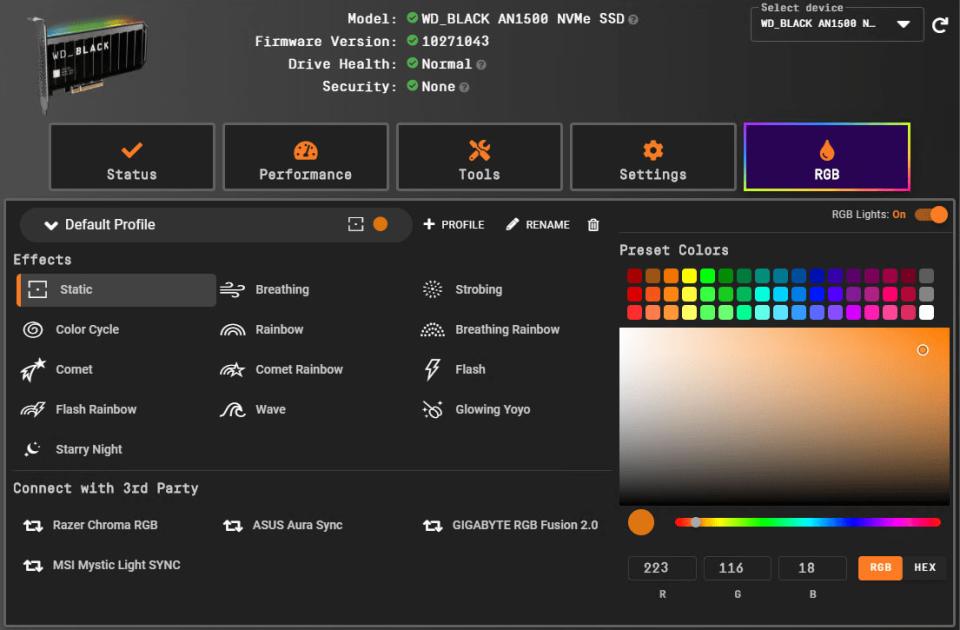 The WD-BLACK Dashboard app for Windows provides stats on drive performance and longevity, checks for errors, and gives control over the D50's RGB lighting.