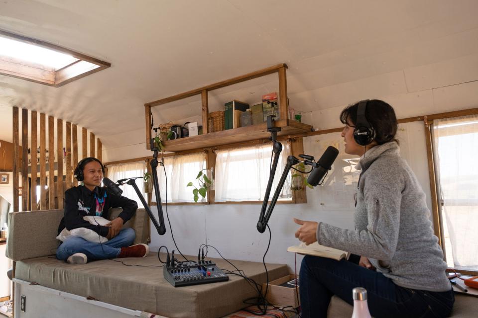 Leah interviewing Watson with her Zoom Podcast Mics.
