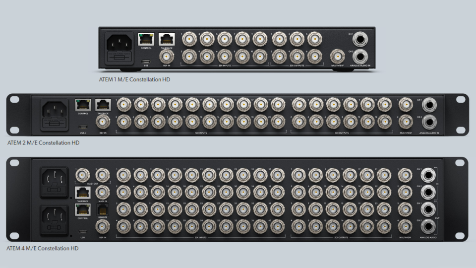 ATEM Constellation HD family: ATEM 1 M/E Constellation HD, ATEM 2 M/E Constellation HD, and ATEM 4 M/E Constellation HD ATEM Constellation HD family: ATEM 1 M/E Constellation HD, ATEM 2 M/E Constellation HD, and ATEM 4 M/E Constellation HD