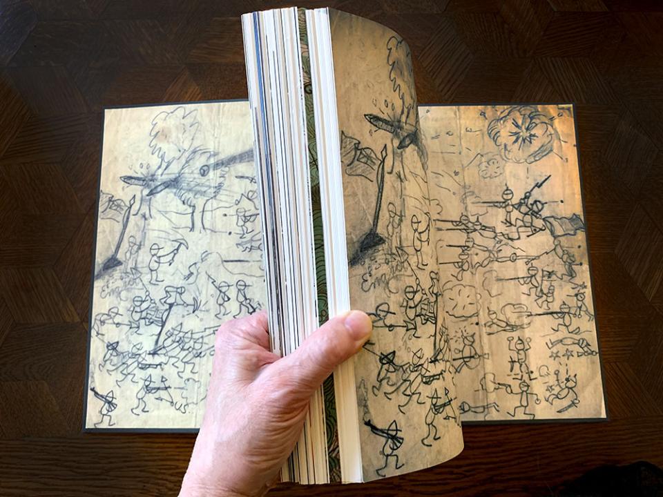 Among the elements incorporated in My Brother’s War are battle drawings her father, Lee Granger Hines, made as a child. These drawings are featured as end pages, inside the front and back covers of the book.