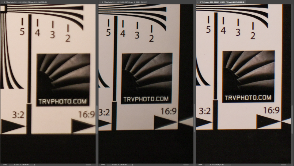 200% corner crop of the FUJIFILM XF 35mm f/1.4 vs. Nikon 50mm f/1.2 + Zhongyi vs. Nikon 50mm f/1.2 at f/2