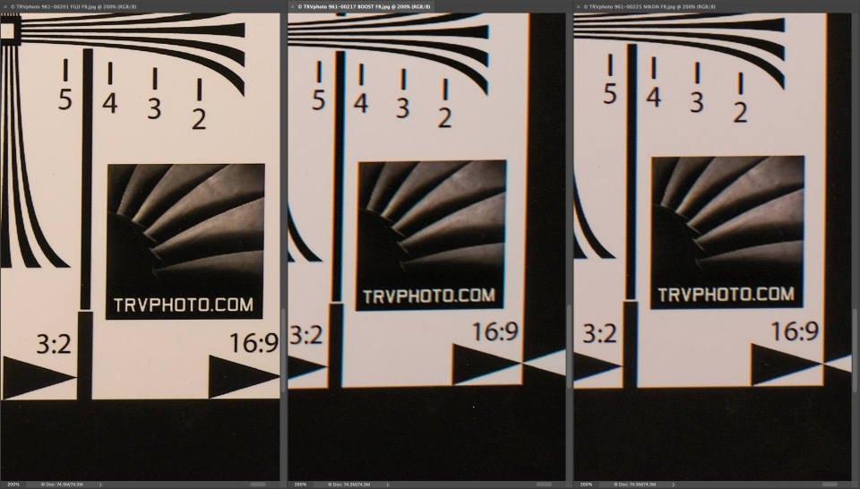 200% corner crop of the FUJIFILM XF 35mm f/1.4 vs. Nikon 50mm f/1.2 + Zhongyi vs. Nikon 50mm f/1.2 at f/8
