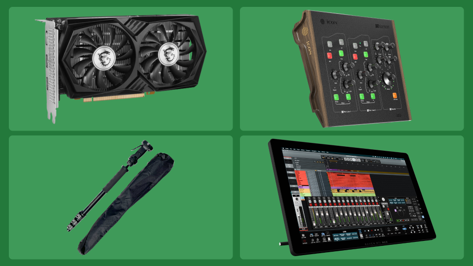 The MSI RTX 3050 6GB Graphics Card (top left), iCON 32Ci (top right), Oberwerk 2000 Tall Monopod (bottom left), and Steven Slate Audio RAVEN MTi2 MAX (bottom right)