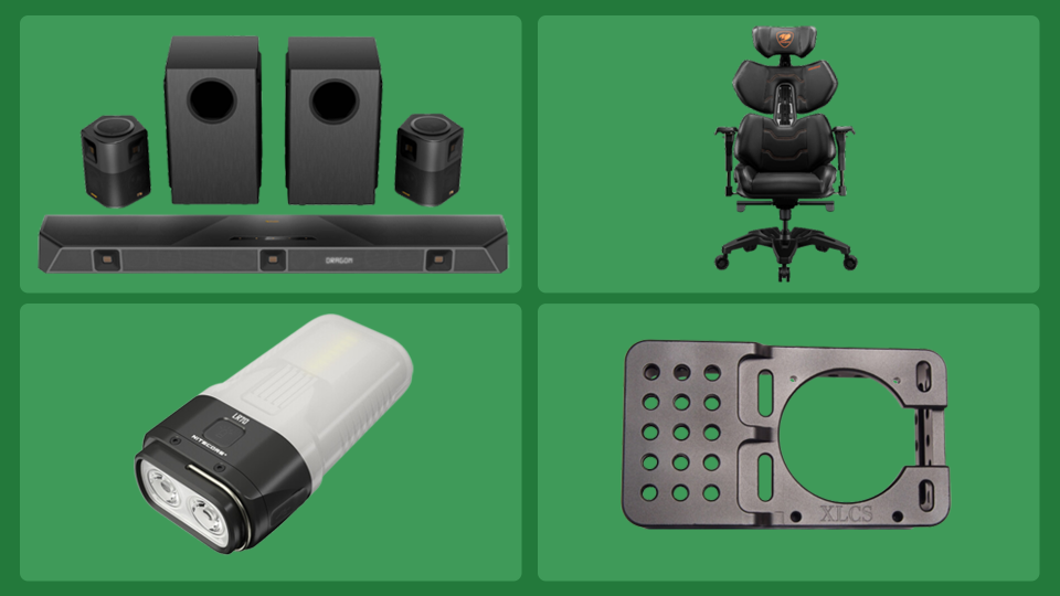 The Nakamichi Dragon Soundbar System (top left), Cougar Terminator Gaming Chair (top right), Nitecore LR70 Flashlight (bottom left), and XLCS Camera Cage (bottom right)