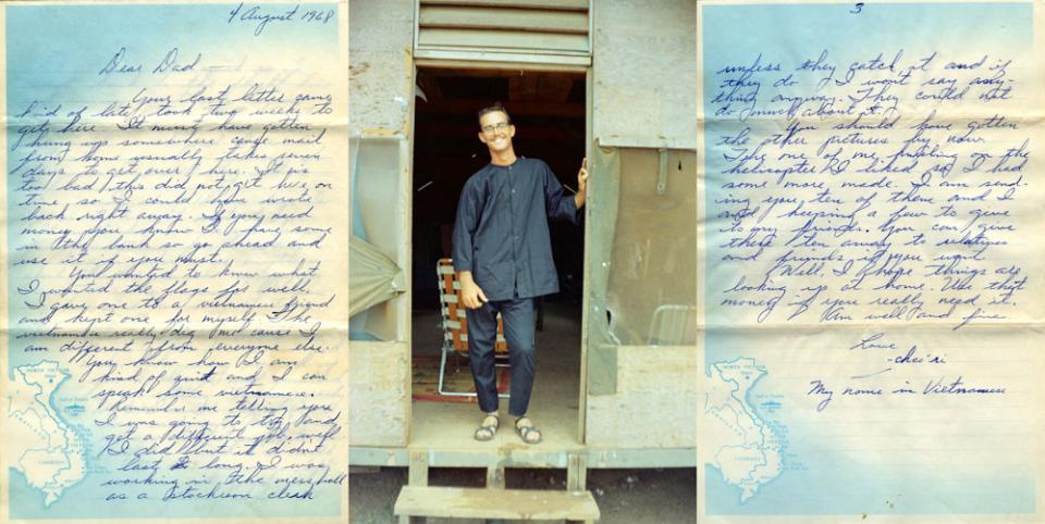 A composite image featuring a snapshot of Gary in Asian clothing bookended by a letter to his father. In the letter, he explains, “The Vietnamese really dig me ’cause I am different from everyone else.”