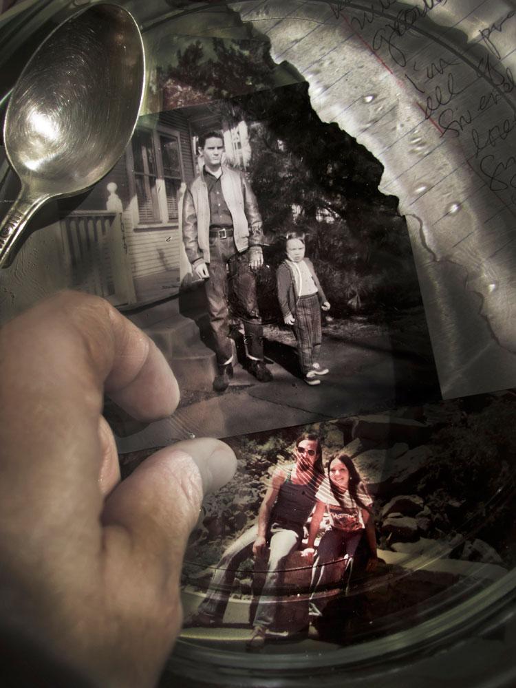 A portrait of Gary with 4-year-old Jessica is juxtaposed with a portrait made during her Colorado visit. Hines often includes details of her hands in photographs to reference a self-portrait