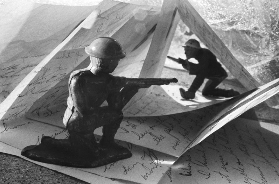 In the earliest work from My Brother’s War, Hines created intricate still lifes from her brother’s letters, arranged with old lead soldiers and other objects she unearthed from his box of belongings.
