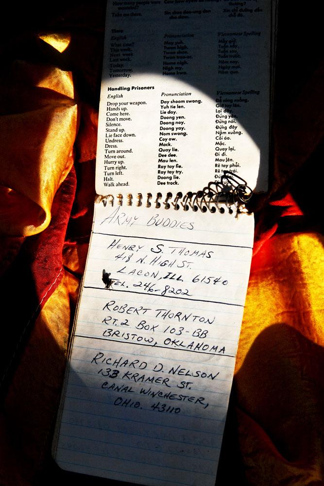 The army-issued memo pad in which Gary recorded the names and addresses of his wartime buddies is captured here with theatrical flair.&nbsp;&nbsp;