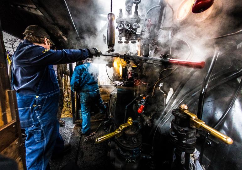 Central Railroad of New Jersey 0-6-0 switcher steam locomotive gets steam up in Minersville, Pennsylvania, 2018 © Dennis A. Livesey