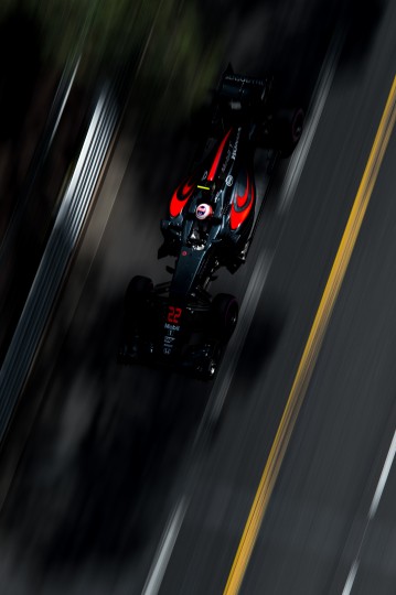 Jenson Button at speed on the streets of Monaco. Nikon D4s, ISO 50, 165 mm f/7.1 lens at 1/50, Exposure compensation: -2.3.