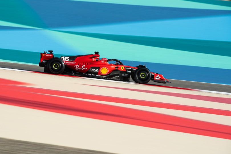 Painted runoff areas make for fun use of color with the right shutter speed as the Ferrari does laps during testing in Bahrain. Nikon D5, ISO 50, 200 mm f/13 lens at 1/80, Exposure compensation: 1.