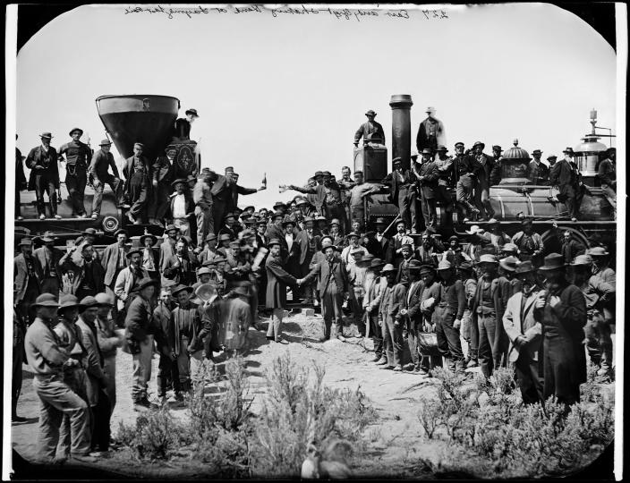 “The Champagne Photo,” celebrating the completion of The Transcontinental Railroad, May 10, 1869. Photograph by A.J. Russell, courtesy of the Center for Railroad Photography & Art