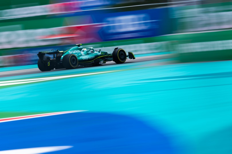 Sebastian Vettel races amid a blur of color from a slow shutter speed at the Miami Grand Prix. Nikon D5, ISO 50, 500 mm f/14 lens at 1/25.