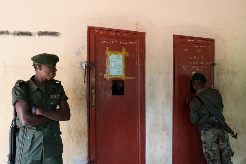Two men who were caught with eight diamonds, and who were mining inside of the Okapi Wildlife Reserve, were arrested and held by park rangers at their headquarters, in the town of Epulu, in the Democratic Republic of Congo, July 12, 2017. © Adriane Ohanesian