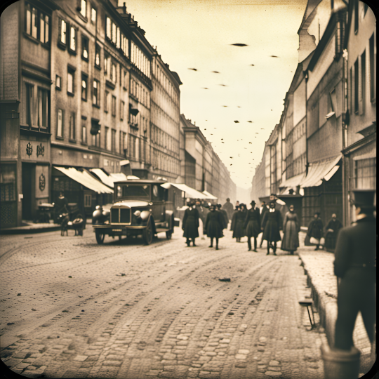 This is a synthetic image, not a photograph, generated by DreamStudio, an artificial intelligence system, in response to the text prompt by Fred Ritchin, ““A photograph of a street scene in Berlin in 1815,” 2023.