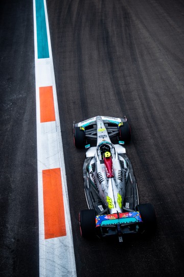 Lewis Hamilton roars by during the inaugural Miami Grand Prix race weekend. Price prefers compositions like this with a strong leading line and little distraction from the subject. Nikon D5, ISO 250, 38 mm f/2.8 lens at 1/4000, Exposure compensation: -0.3.