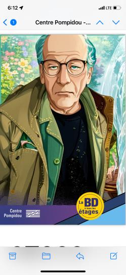 Manga-style portrait image depicting Fred Ritchin, made by a machine at a current exhibition at the Centre Pompidou in Paris, 2024, on comics.