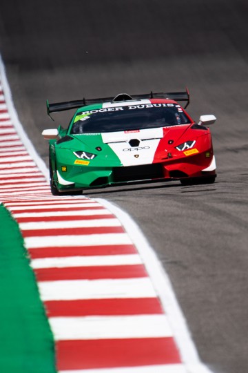 One of the brightly colored Lamborghini Super Trofeo cars climbs the hill at COTA. The use of leading lines is one of the best ways to make images even stronger. Nikon D5, ISO 125, 700mm f/6.3 lens at 1/2000.