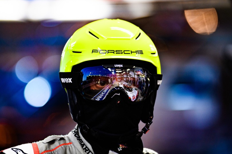 A Porsche 919 can be seen in the reflection of the crew chief’s helmet during the 2017 Le Mans 24-hour race. Nikon D5, ISO 1250, 300 mm f/2.8 lens at 1/320.
