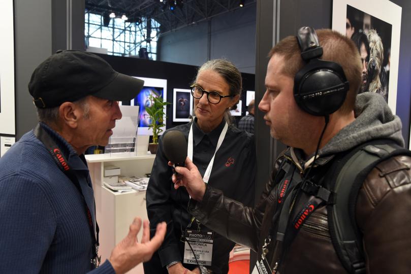 Jason and Allan record conversation with Hahnemühle representative at PhotoPlus 2019