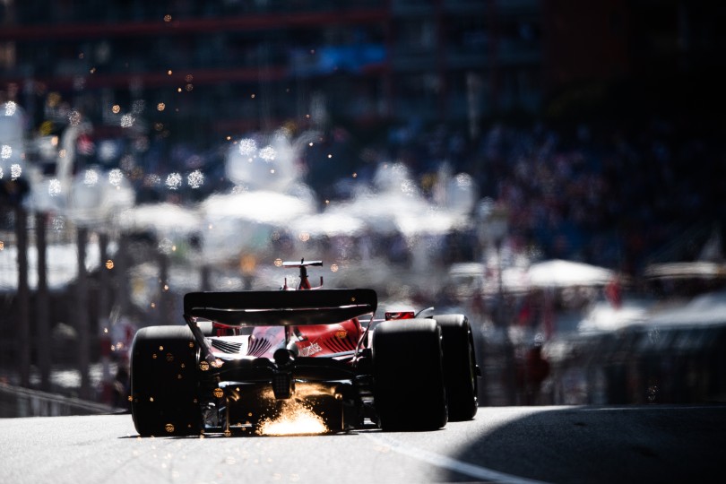 A Ferrari F1 car screams out of the Monaco tunnel with a whoosh of noise and sparks. Nikon D6, ISO 125, 400 mm f/2.8 lens at 1/4000.