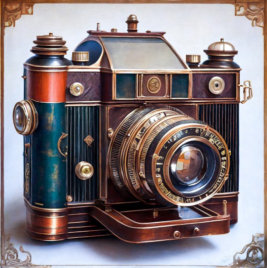 AI Result: The resulting promptograph is a Victorian-style SLR with hints of wood, leather, and brass, the basis of which can be traced to the original source photograph. © Allan Weitz