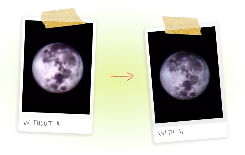 Samsung Galaxy phones recognize when you're taking a photo of the moon. Even with blurry shots, such as at left, heavy AI processing is applied that can fabricate moon-like texture. © Stephen Shankland/CNET