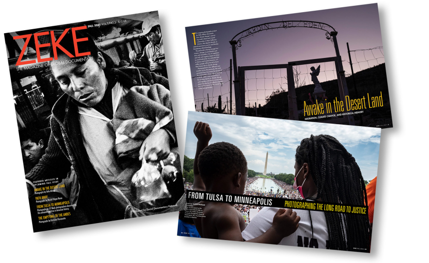The cover and two interior spreads from the upcoming Fall, 2021 issue of ZEKE Magazine. Courtesy The Social Documentary Network