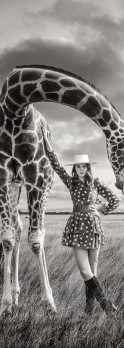 Gerald the giraffe interacts with model Carsyn Hodde on location in natural light.