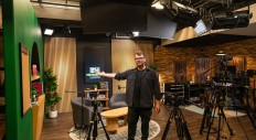 Podcast technical producer Peter Maziarz in our new in-house recording studio featuring Litepanels Gemini & Astra LED Light Panels.