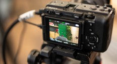 The empty studio set, seen through the viewfinder of a Sony fx3 Full-Frame Cinema Camera.